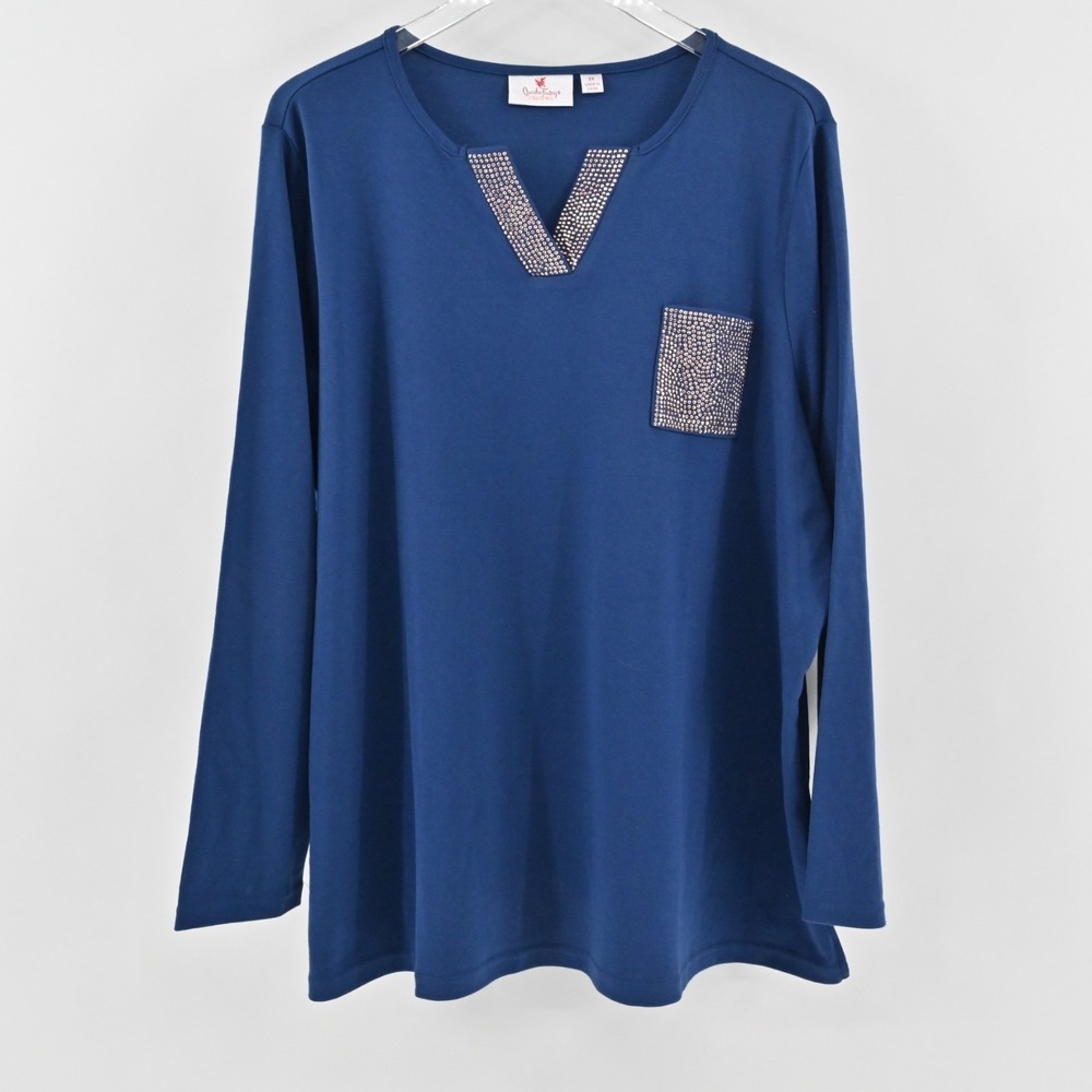 Quacker Factory Rhinestone Womens Top Size 2X Light Navy Tee Pocket Split‎ Neck